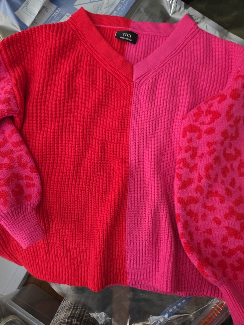 Vici Colorblock V-Neck Sweater in Hot Pink & Fuchsia